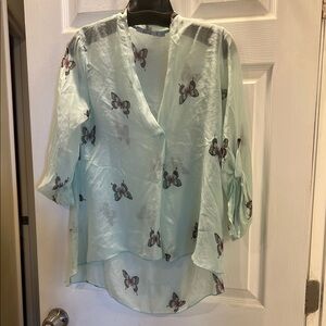 Mint Green Butterfly Print V-Neck Sheer Blouse